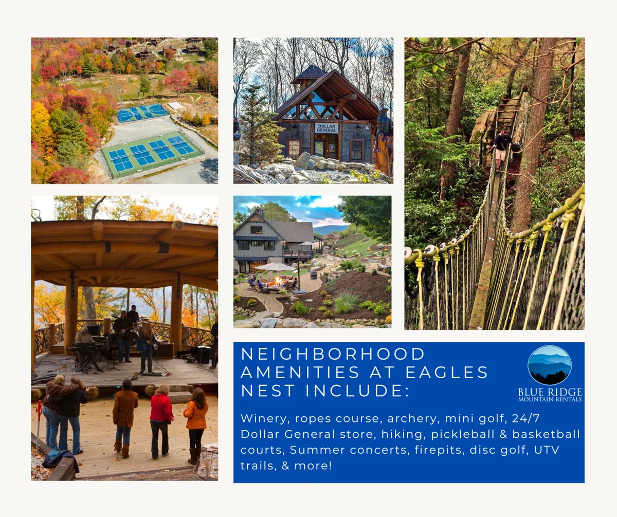 This lively exterior image captures families enjoying various outdoor activities at the Eagles Nest community. You can see children playing mini-golf, people exploring the ropes course, and a group gathered around a firepit while a concert plays in the background. The mountains provide a scenic backdrop, creating a sense of adventure and fun.